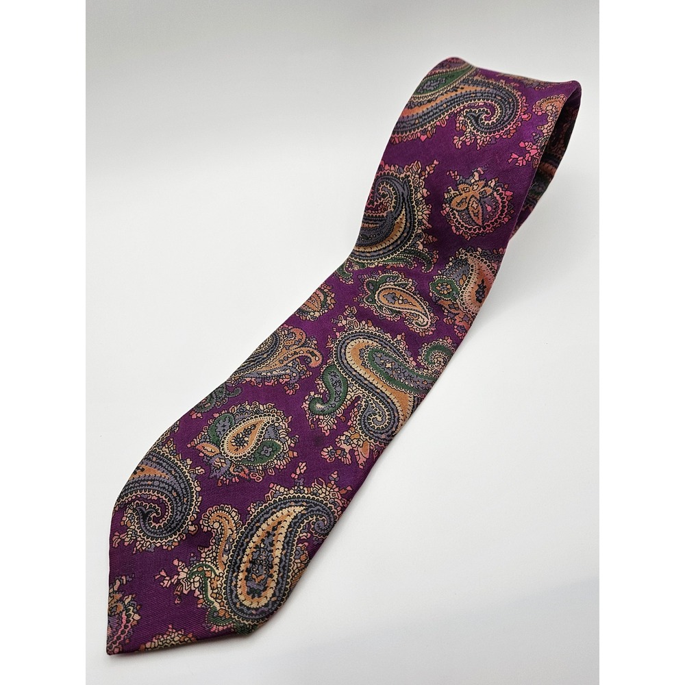Rooster Mens Silk Tie Purple Paisley Hand Printed Italy USA Vintage WPL 13303